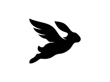 A black silhouette depicts a rabbit with extended wings soaring against a plain white backdrop. The graphic composition features a bold, minimalist style, with contrasting dark and light areas. This design concept suggests concepts of movement, freedom, and flight, suitable for various design applications.の素材