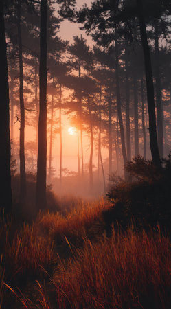 The image features a forest of tall trees with sunlight filtering through. The composition highlights vertical lines and warm colors, suggesting a natural environment. The visual style is soft, with hints of mist. This image could be used for various purposes, including editorial content and design projects.の素材