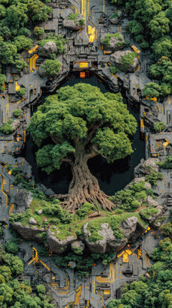 An image showcases a tree enveloped in a digital structure with a unique design. The vibrant green foliage contrasts with the gray and yellow components. The composition appears digitally created, possibly intended for advertising or conceptual design applications. The lighting suggests an artificial setting with elements of nature and technology.の素材