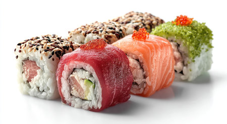 An assortment of colorful sushi rolls rests on a bright white surface. The rolls display various fillings and toppings, with textures ranging from smooth fish to crunchy sesame seeds. The composition uses overhead lighting, creating bright tones suitable for culinary or restaurant-related promotional materials.の素材