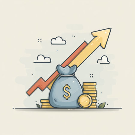 An illustration depicts a bag of money and a stack of coins with an upward trending arrow. The composition uses a cartoon style with soft colors and clean lines. This graphic could be utilized in various financial presentations, business reports, or educational materials.の素材