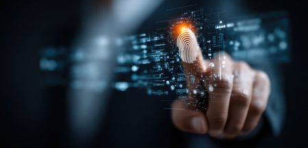 A hand interacts with digital data, indicated by a glowing fingerprint interface. The image showcases a futuristic visual style with vibrant blue and orange hues. Suitable for commercial applications such as advertising and editorial uses, it suggests innovative technology concepts. The composition is generally dark with a strong focus on detail.の素材