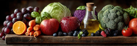 A vibrant assortment of fresh fruits and vegetables is arranged on a wooden board. The composition features various colors and textures, with apples, grapes, carrots, and broccoli. This image could be used for healthy eating, recipes, or general food-related content.の素材