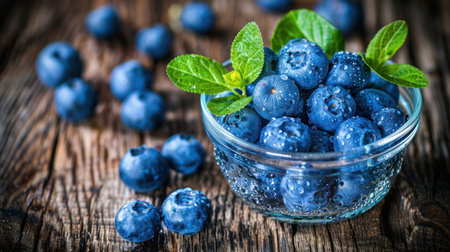 This image showcases a collection of vibrant blueberries displayed in a clear glass bowl, accented by fresh green leaves. The composition is set against a rustic wooden surface, highlighting the fruits' deep blue hue and texture. This photo is suitable for a variety of uses, including culinary projects and healthy lifestyle content.の素材