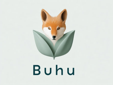 A fox head is presented centered within two stylized green leaves against a plain white background. The illustration displays soft colors and a clean graphic design. This visual could be used for various design projects, including branding, advertising, and editorial content to symbolize nature or environmental themes.の素材