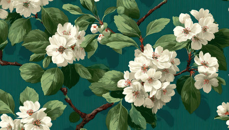 This floral pattern presents white blossoms and green leaves set against a teal backdrop. The stylized illustration exhibits a vintage aesthetic with soft textures and varying shades of color. Suitable for textile design, surface decoration, or creating decorative elements, it evokes a sense of springtime.の素材
