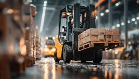 A yellow forklift carries stacked cardboard boxes within a large warehouse setting. The image showcases a focused view on the forklift, with blurred background elements. The lighting emphasizes the industrial environment, highlighting transportation and storage. Suitable for commercial applications such as supply chain or inventory management.の素材
