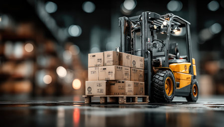 A yellow and black forklift raises a pallet of stacked cardboard boxes. The image showcases the machinery in operation inside a warehouse, with soft lighting and a shallow depth of field. The scene evokes logistics and shipping, suitable for commercial or editorial applications related to industry and distribution.の素材