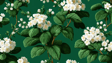 This image presents a repeating floral pattern, showcasing clusters of white flowers and vibrant green leaves. The artwork displays a detailed and rich texture, against a deep green backdrop. The overall composition suggests a design suitable for textiles or decorative applications and can be used for various commercial purposes.の素材