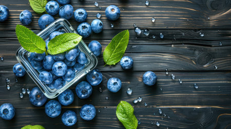 This image displays a close-up of fresh blueberries in a square glass bowl, accompanied by green leaves scattered on a dark wooden surface. The composition features overhead lighting that highlights the vibrant blue hue of the berries. The shot is suitable for culinary, health, or lifestyle concepts.の素材