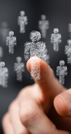 A finger touches a selection of human silhouettes, rendered in a textured style, on a dark background. The composition features a shallow depth of field, with the focus on the foreground finger. This imagery suggests themes of choice, teamwork, or influence, suitable for various editorial and promotional applications.の素材