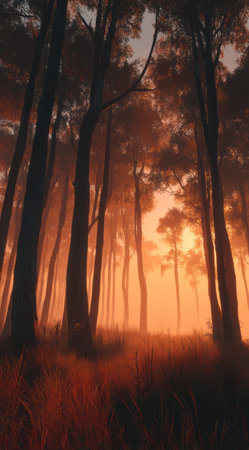 The image features tall trees set against a blurred background with soft sunlight. The composition emphasizes vertical lines and a sense of depth through the mist. Warm hues dominate the scene, suggesting a calm, natural setting that could be suitable for various commercial or artistic applications.の素材