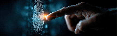 A finger interacts with a digital interface, activating a glowing light. The image displays a dark, futuristic scene, with cool blue tones contrasting against a warm light source. Ideal for illustrating technological advancements or concepts of access and connectivity, the image would be useful in various commercial contexts.の素材