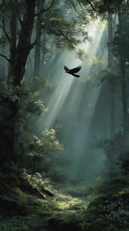 An image captures a forest with tall trees and sunlight beaming through the canopy. A bird is seen in flight amidst the beams of light. The composition features a natural environment with textures of leaves and branches. This image is suitable for commercial and editorial applications.の素材