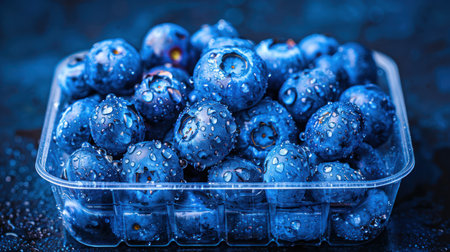 This image showcases a container filled with ripe blueberries. The berries exhibit a deep blue hue and are covered with water droplets, creating a visually appealing texture. The composition features a close-up shot, emphasizing the details. This image is suitable for use in various contexts, including food-related projects and commercial designs.の素材