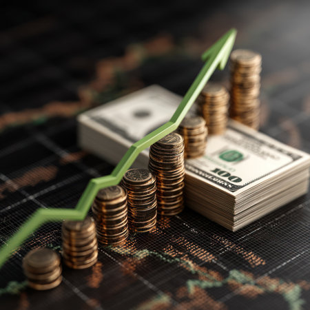 This image presents a financial growth concept, featuring stacks of currency and coins with an upward trending arrow. The composition utilizes a dark background to highlight the objects. The lighting creates shadows, enhancing the visual depth. Suitable for illustrating financial success, investment strategies, or economic concepts in various commercial contexts.の素材