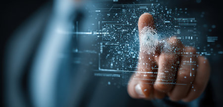 A close-up view depicts a finger touching a screen with a glowing fingerprint overlay, suggesting digital security. The image features a shallow depth of field, with soft blue and white hues dominating the composition. This visual could be utilized in various digital marketing and business-related contexts.の素材
