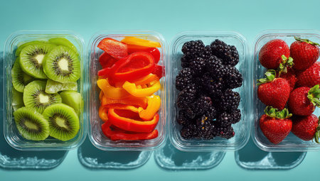 An overhead shot showcases arranged portions of fresh produce in clear plastic containers. Sliced kiwi, colorful bell peppers, blackberries, and strawberries sit on a light blue surface. The image uses natural lighting and offers copy space, suitable for illustrating nutrition, healthy eating, or similar commercial themes.の素材