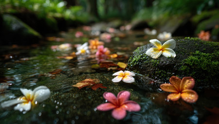 The image captures flowers gently floating on a water stream, with a shallow depth of field enhancing the focus on the subjects. The composition highlights the water's flow through the natural environment, displaying a rich color palette. This image is suitable for various commercial purposes, including use in design and print.の素材