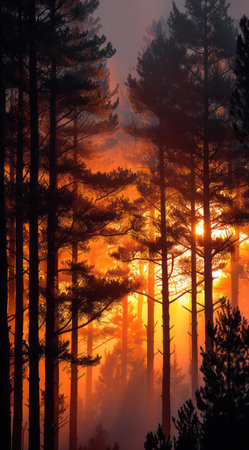 Tall trees stand in silhouette against a vibrant orange and red sky, suggesting a sunset or sunrise. The image captures the texture of the trees and light play. The composition emphasizes vertical lines and a warm color palette, suitable for various editorial and commercial projects.の素材