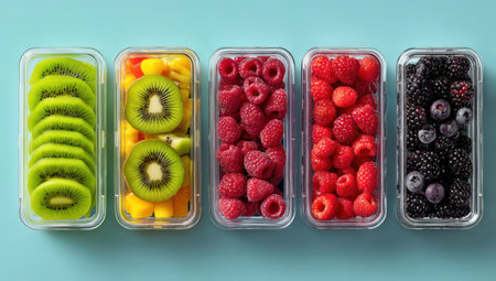 An overhead shot showcases an assortment of colorful fruits arranged in transparent containers. The image features a bright, clean aesthetic with vibrant reds, greens, and yellows against a solid turquoise backdrop. This composition is suitable for a variety of uses, including health, wellness, and culinary-related projects.の素材