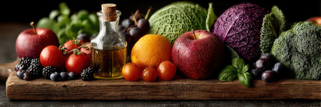 An assortment of colorful fruits and vegetables is arranged on a rustic wooden board. The composition features various textures and shades, with vibrant reds, greens, and purples. Overhead lighting enhances the visual appeal. This image may be suitable for advertising, culinary projects, or health-related content.の素材