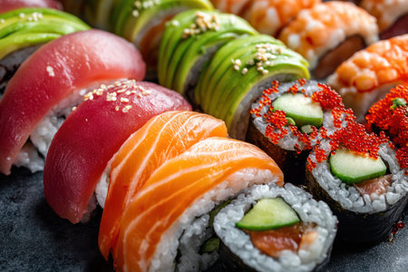 An assortment of fresh sushi rolls is presented close up. The vibrant colors of the ingredients, including avocado, salmon, and tuna, are visible. The composition shows the arrangement of different sushi types, likely suitable for culinary-themed publications or commercial food advertisements. The lighting highlights the textures and freshness.の素材