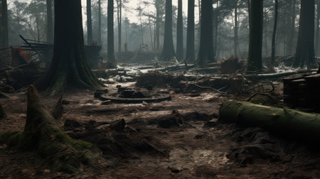 The image showcases a forest environment with tall trees and dense undergrowth. The scene features a shadowy and atmospheric appearance. The composition emphasizes natural elements with a focus on textures and depth. Suitable for various projects, including editorial content and artistic designs.の素材
