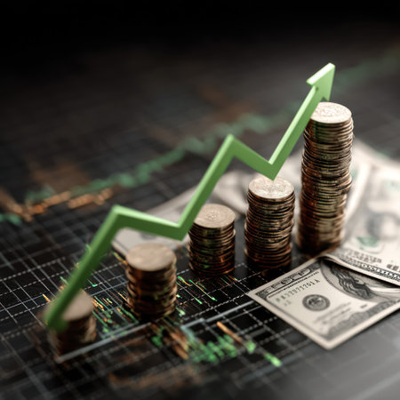 The image showcases stacks of coins accompanied by a green arrow pointing upwards, suggesting financial growth. The composition incorporates American dollar bills, set against a dark, grid-like backdrop. The lighting is focused, highlighting the metallic texture of the coins. It could be useful for illustrating economic concepts or business-related materials.の素材