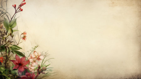 A close-up view displays a variety of flowers and foliage, presented on a textured background reminiscent of aged parchment. The artwork showcases detailed botanical elements. It could be suitable for various design projects, including invitations, greeting cards, or decorative prints.の素材