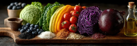 An assortment of fresh produce, including cabbage, peppers, tomatoes, and blueberries, is displayed on a wooden board. The composition features a variety of colors and textures, with close-up details. This image is suitable for various commercial uses, such as illustrating healthy eating or food-related content.の素材