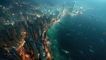 An aerial perspective showcases a futuristic cityscape situated along a coastline. Towering structures with vibrant lights create a dynamic contrast with the dark ocean. The composition features sharp lines and rich colors, likely created digitally, suitable for various editorial and commercial applications.の素材