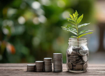 A vibrant green plant sprouts from a glass jar filled with coins, alongside a stack of coins. The image showcases a shallow depth of field, with a blurred natural background. The overall style is clean and bright, with warm lighting highlighting textures. Suitable for illustrating financial concepts or business growth.の素材