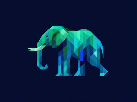 This image showcases a stylized illustration of an elephant rendered in a geometric, polygonal style. The design features a palette of blues and greens against a deep, dark background. It is likely suitable for various digital design applications, branding projects, or illustrative purposes. Potential uses include editorial and commercial projects.の素材