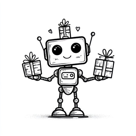 An adorable robot character is depicted, rendered in a simple black and white line art style. The robot is holding gifts, and hearts float nearby. The image suggests a celebratory theme, perhaps for a holiday. The clean design is suitable for various applications, including advertising and educational content.の素材