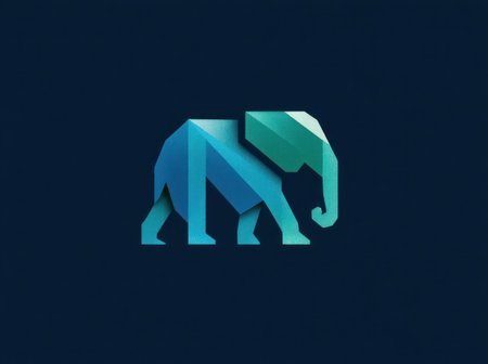 A stylized illustration depicts an elephant composed of geometric shapes. It features gradients of blue and green against a dark backdrop. The composition is modern and suitable for various design applications, potentially for branding or visual content creation. Its clean aesthetic suits commercial projects seeking a contemporary feel.の素材
