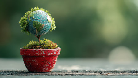 A symbolic image shows a miniature globe with continents, growing from a red plant pot. The composition features a blurred green background, suggesting an outdoor setting. The artwork utilizes vibrant colors and emphasizes texture. It is suitable for illustrating themes related to environmental protection and sustainability.の素材