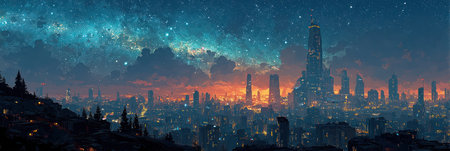 An illustration depicts a futuristic city skyline silhouetted against a vibrant night sky filled with stars and aurora-like clouds. The buildings showcase a sleek design, with glowing lights illuminating the city. This image could be used for various purposes like book covers, website design, or concept art.の素材