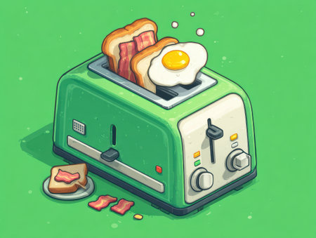 An illustration features a green toaster with slices of bread, bacon, and a fried egg. The artwork showcases bold outlines, bright colors, and a slightly cartoonish style. The composition suggests a breakfast scene, likely intended for use in commercial food-related projects or editorial content.の素材