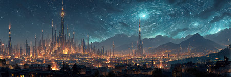 An illustration depicts a futuristic city with tall structures under a starry night sky. The scene shows vibrant city lights against a backdrop of mountains. This image could be used for science fiction book covers, website designs, or as an element in creative marketing materials.の素材