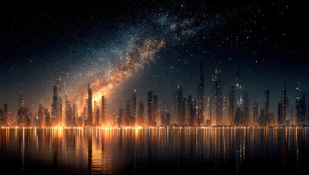 An artistic image presents a futuristic city silhouette against a celestial background. The scene features a body of water reflecting city lights and stars. The overall aesthetic suggests a vibrant, imaginative setting, possibly for design, marketing, or visual media applications. The composition uses a dark color palette, enhanced by bright elements.の素材
