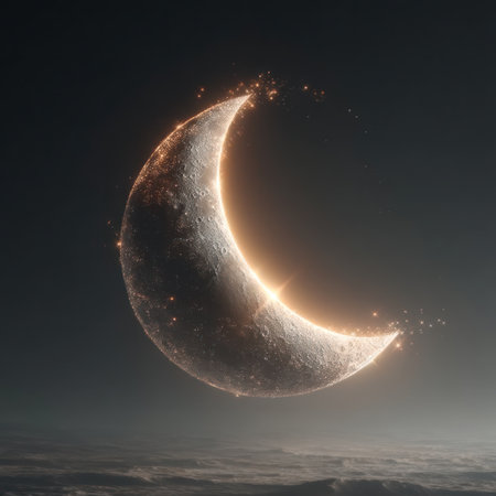 A luminous crescent moon dominates the frame against a dark, atmospheric backdrop. The moon's surface features a textured appearance, accentuated by a warm, golden glow along its edges, suggesting a celestial body emitting light. This image could be used for various commercial and editorial applications, conveying a sense of wonder.の素材