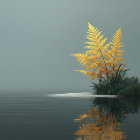 A tranquil scene presents a cluster of golden ferns, reflecting in the still water. The composition showcases detailed textures and a gentle color palette against a muted grey background. This serene image could be suitable for various editorial and commercial applications, including decorative prints and digital designs.の素材