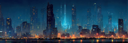 A nighttime cityscape is depicted with tall buildings illuminated by artificial lights, casting reflections in the water below. The image has a dark blue and orange color palette with a digital painting style. This artwork is suitable for various commercial uses, including website design and editorial content.の素材