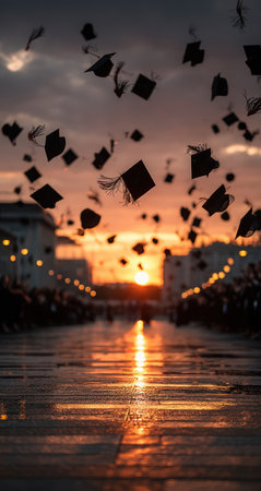 Black graduation caps are tossed in the air during a sunset. The image displays a long walkway with reflections on the wet surface. The composition uses warm colors and strong lighting. It could be used for educational materials or celebratory designs.の素材