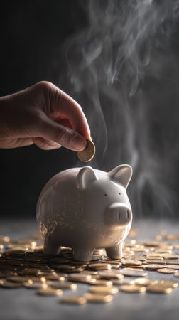 A hand carefully deposits a coin into a white piggy bank, surrounded by other coins. The image features a shallow depth of field, with soft lighting and a neutral background. The composition suggests financial accumulation, suitable for use in articles on finance and investment strategies, or for illustrative purposes.の素材