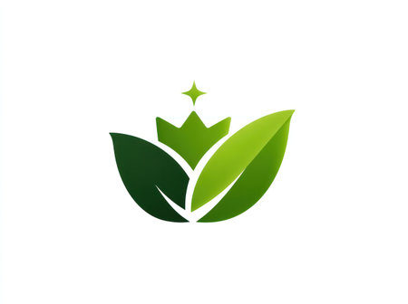 This logo features a stylized green crown formed by leaves, suggesting growth and authority. The design utilizes shades of green with highlights, creating a sense of freshness. It is a clean, simple, and vector illustration, suitable for branding and design projects. This imagery could be used for various commercial applications.の素材
