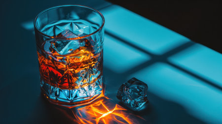A glass filled with a golden liquid and ice cubes sits on a surface, illuminated by warm light. The image features strong shadows from a geometric source, creating a contrast. This composition showcases a simple object, suitable for various editorial and commercial applications.の素材