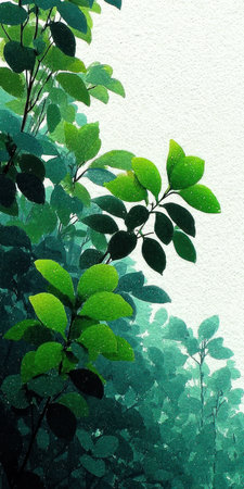An illustration features vibrant green leaves and branches arranged diagonally, set against a white background. The artwork showcases detailed foliage with varying shades of green, suggesting a bright and natural environment. This image could be used for numerous creative and design applications, including editorial or commercial projects.の素材