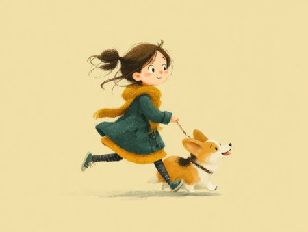 An animated illustration depicts a young girl running alongside a small corgi dog. The scene features a flat, cartoonish style with soft colors and simplified details. The subjects are set against a plain background, creating a cheerful mood. Suitable for various projects involving childhood themes or pet-related content.の素材
